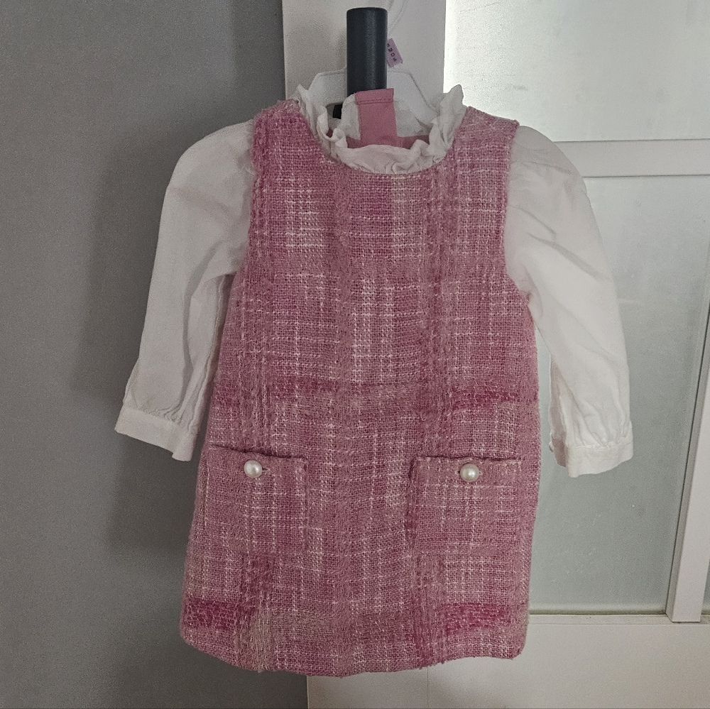 Pink Tweed Dress with White Blouse - Kids